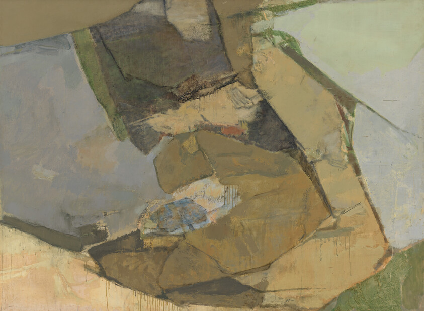 Abstract painting of overlapping earthy shapes and muted greens, blues, and beige tones.