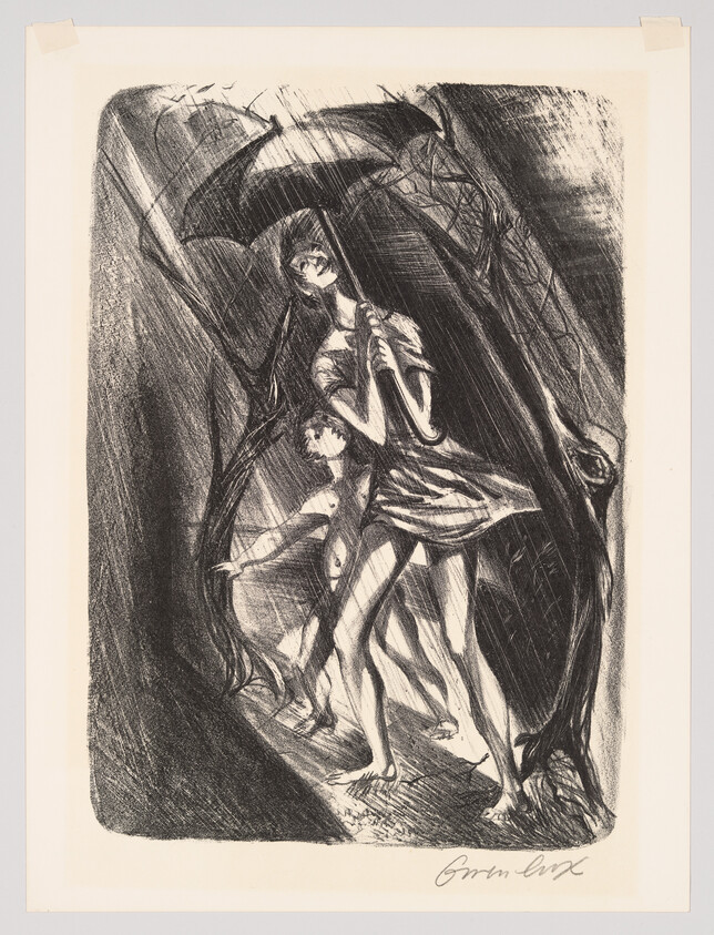 Two barefoot girls walk under a large umbrella through heavy rain and tangled branches.