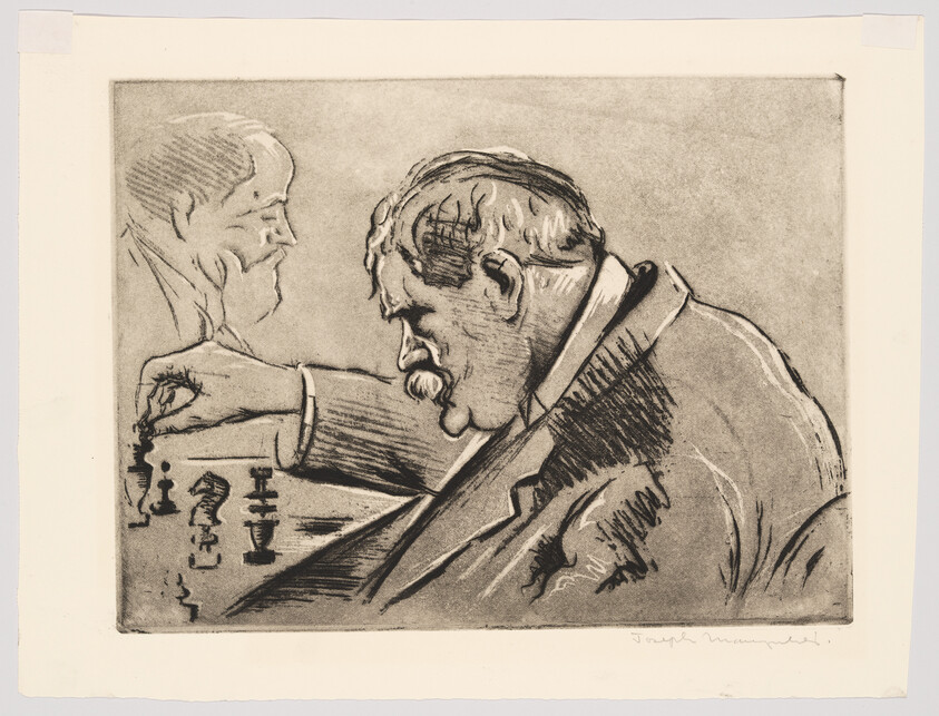 An older man leans forward to move a chess piece while another man watches.