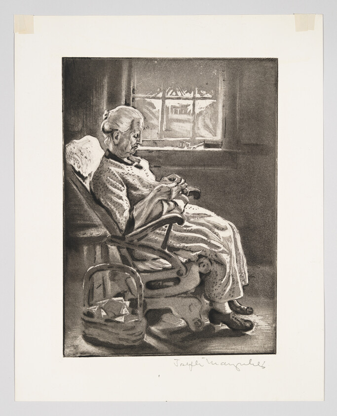 An elderly woman sits in a rocking chair by a window, quietly knitting with a basket nearby.