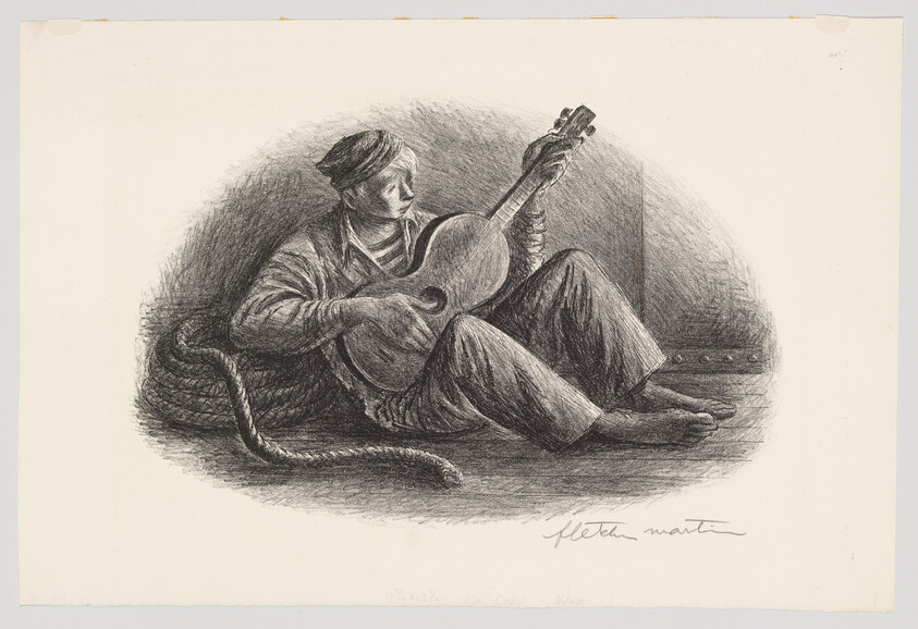 A barefoot sailor sits on the deck, leaning against a coil of rope while playing a guitar.