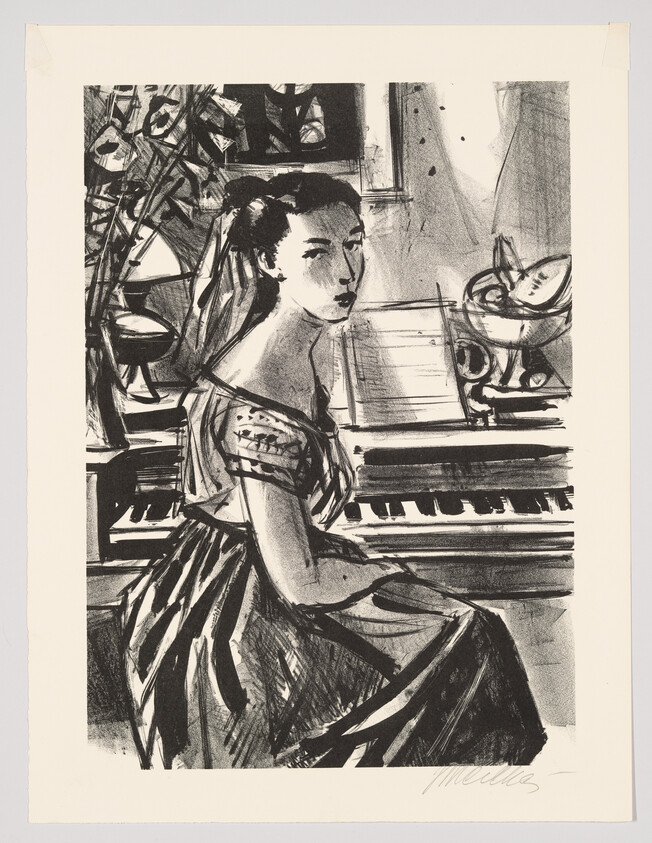A woman in a dress sits at a piano, glancing back toward the viewer.