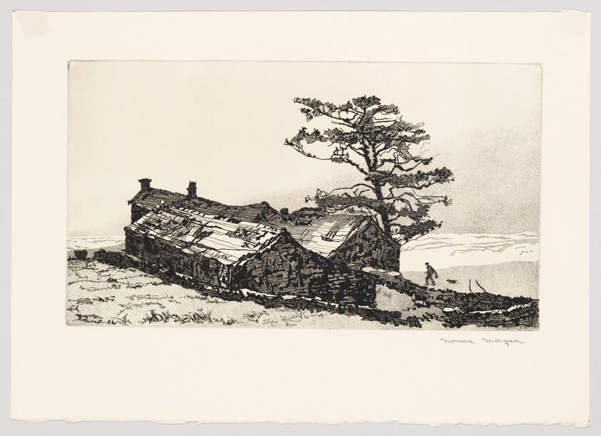 Dilapidated stone cottages beside a windswept tree with a person walking a dog along the shore.