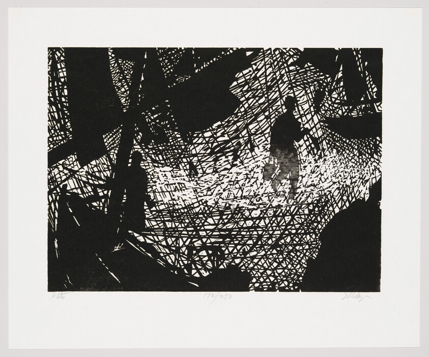 Two silhouetted figures move through tangled nets and beams in a high-contrast black print.