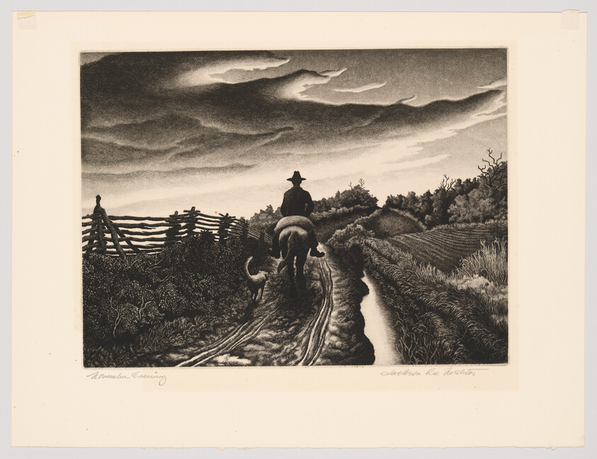 A black and white print depicting a rural scene with a person on horseback and a dog following, traveling down a dirt road flanked by fields and a wooden fence. The sky is filled with dramatic, swirling clouds, suggesting an atmosphere of movement and a possible change in weather. The artwork is signed "Thomas Hart Benton" and "Jackson Lee Nesbitt" in the lower corners.