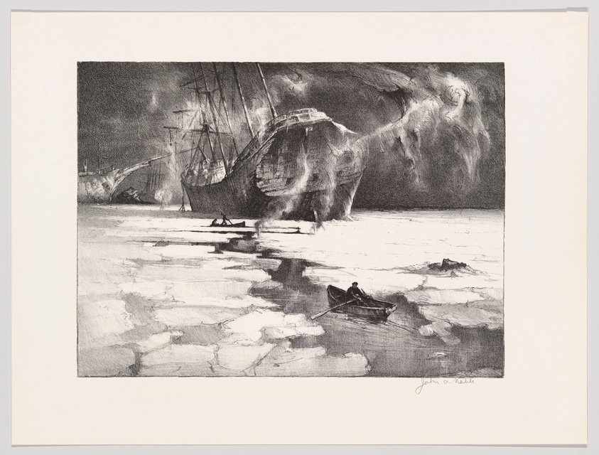 A black and white illustration depicting a dramatic maritime scene with a large sailing ship trapped in ice. The ship is tilted to one side, suggesting distress. Ice floes surround the vessel, and two small rowboats with figures are visible in the foreground, navigating the icy waters. The sky is filled with dark, swirling clouds, adding to the intensity of the scene. The artist's signature is visible in the lower right corner.