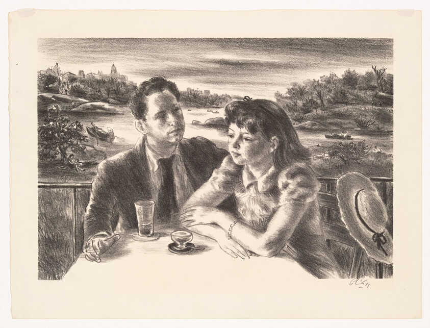 A man and woman sit at a table by a river, looking thoughtful with drinks before them.