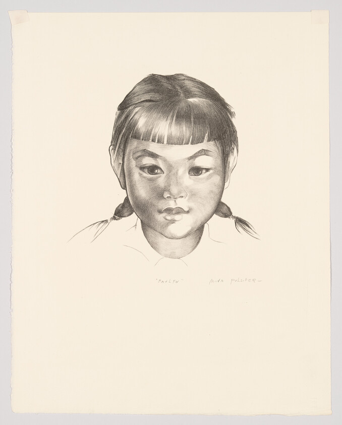 Pencil portrait of a young girl with pigtails and a calm, neutral expression.