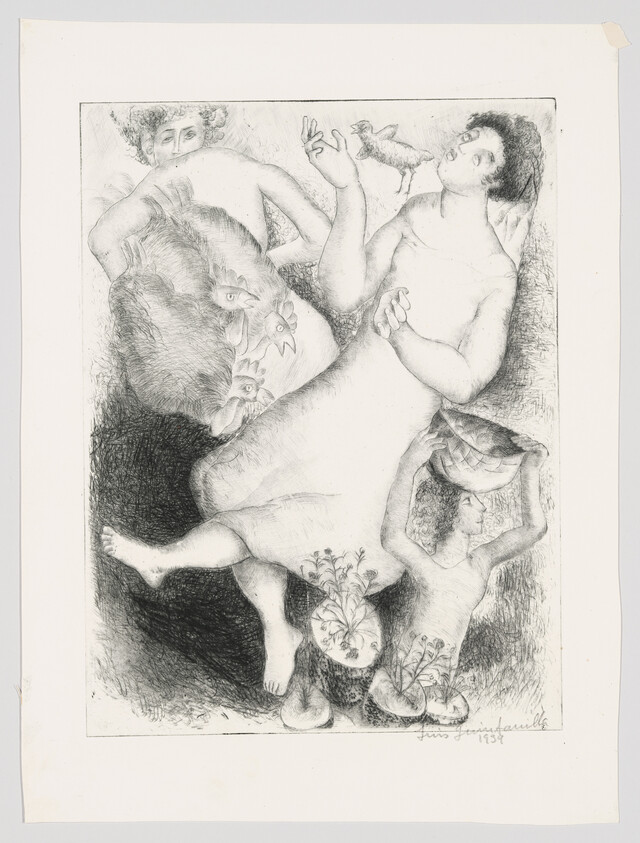 Three reclining figures interact, one holding a small bird while another balances a bowl overhead.