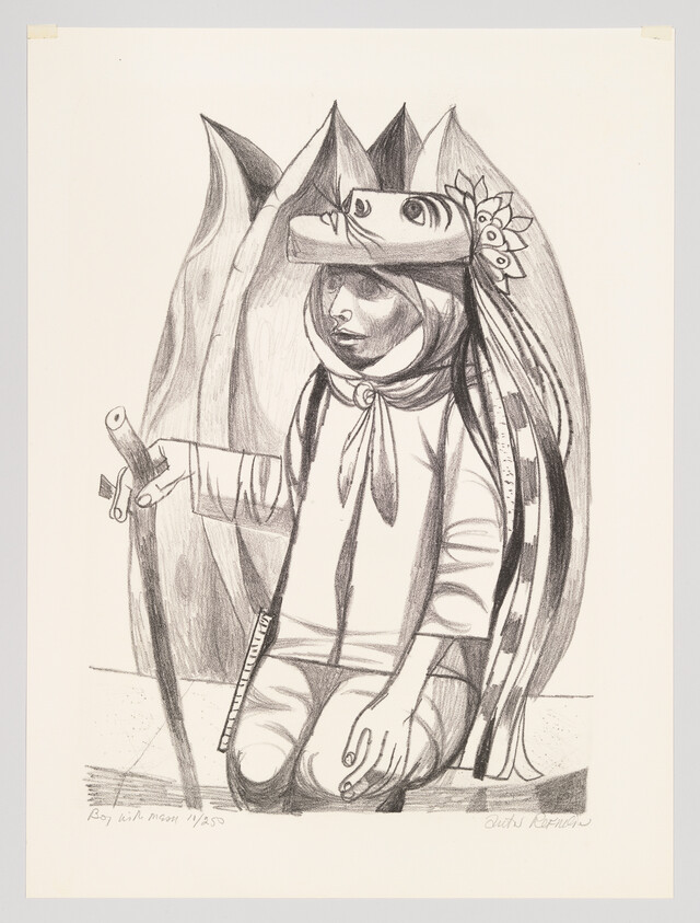 A pencil drawing titled "Boy with Moon" depicting a child dressed in a whimsical costume that includes a hat shaped like a fish head with flowers behind the ear. The child is seated, holding a flute in one hand, with a serene expression on their face. The costume features long, flowing ribbons and a scarf tied around the neck. The artwork is signed and numbered by the artist.