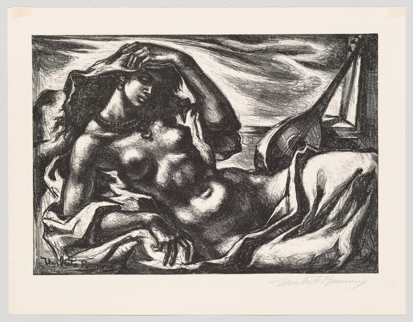 Reclining nude woman resting with hand on forehead beside a lute and draped cloth.