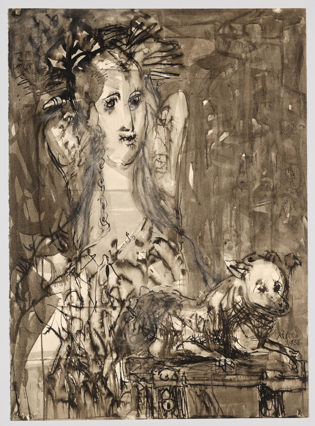 A seated woman with long hair looks ahead while a small dog rests on a table.