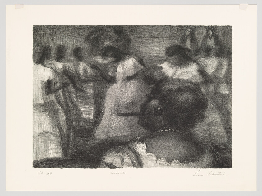 Several women in dark dresses sit closely together in a dim, crowded interior.