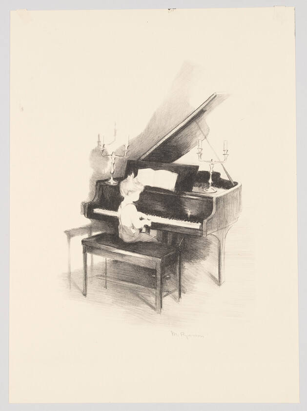 A young child sits on a bench and plays a grand piano under two candelabras.
