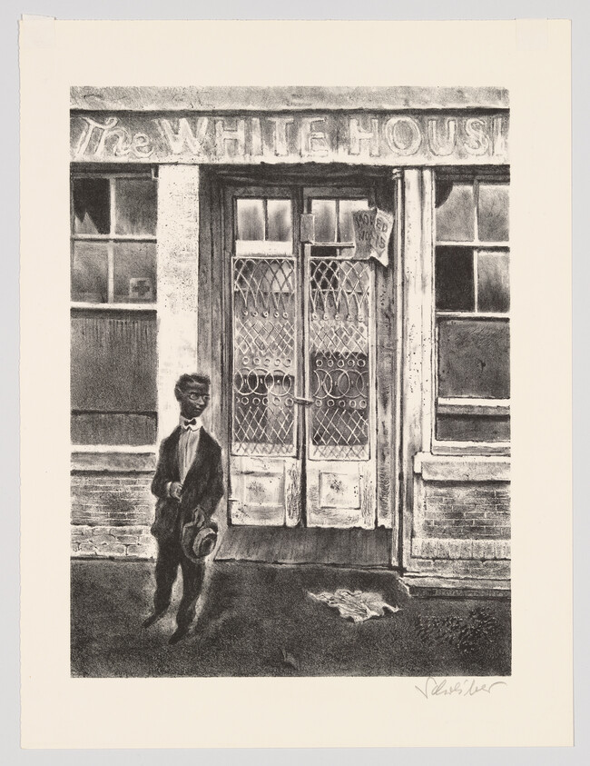 A boy stands holding his hat outside a worn entrance labeled "The White House."