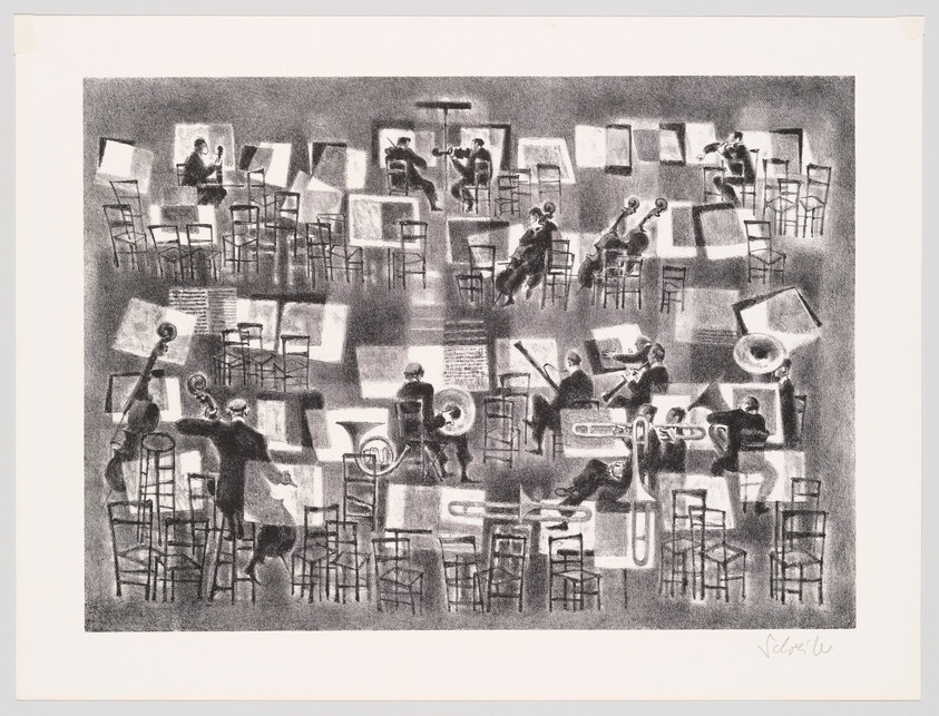 Orchestra musicians rehearse among scattered chairs and music stands in a crowded, abstract concert hall.