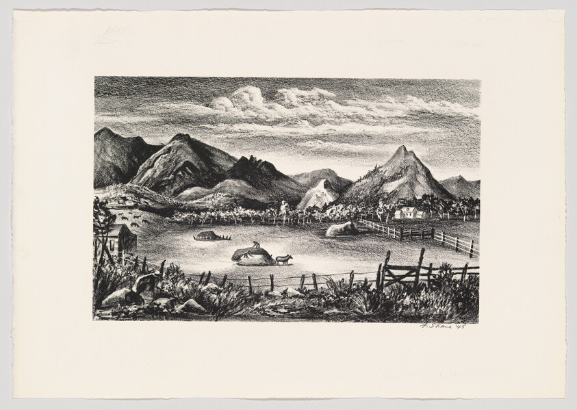 Rural landscape with mountains, fenced pasture, grazing cattle, farmhouse, and cloudy sky.