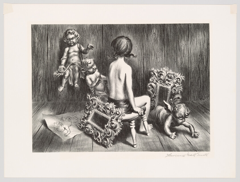 A child sits on a small stool facing away while cherub figures play around empty ornate frames.