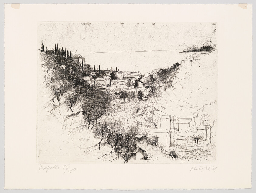 A detailed black-and-white etching of a hillside village with olive trees and distant sea.