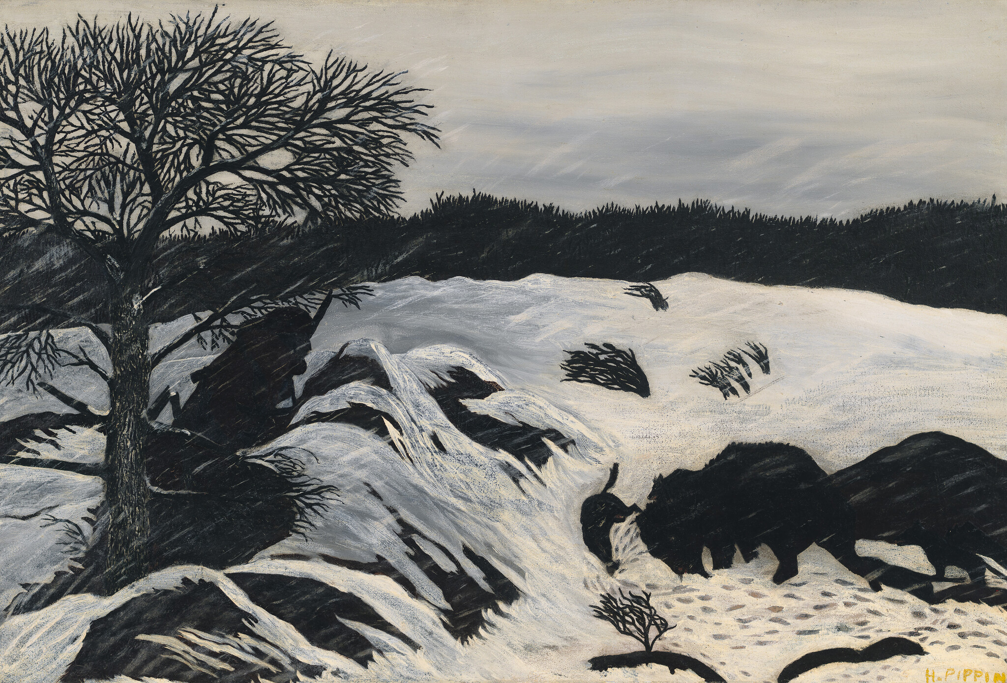 In a windy, snow-covered landscape, silhouettes of a hunter and buffalo appear among bare trees and large rocks.