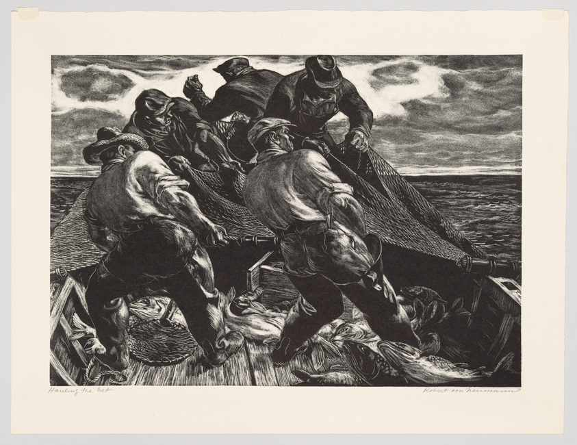 Black and white illustration of fishermen hauling a net full of fish onto a boat with a stormy sea in the background.