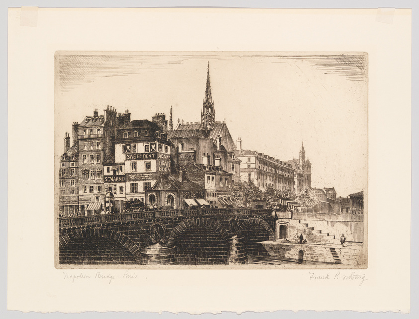 Etching of the Neuf Bridge in Paris, showcasing detailed architecture of adjacent buildings with visible signage, a spire in the background, and figures on the bridge and stairs leading to the water. The artist's signature, Frank M. Armington, is inscribed at the bottom right.