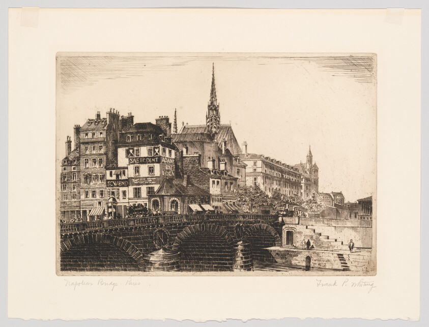 A detailed etching of a stone bridge with buildings and a church spire in Paris.