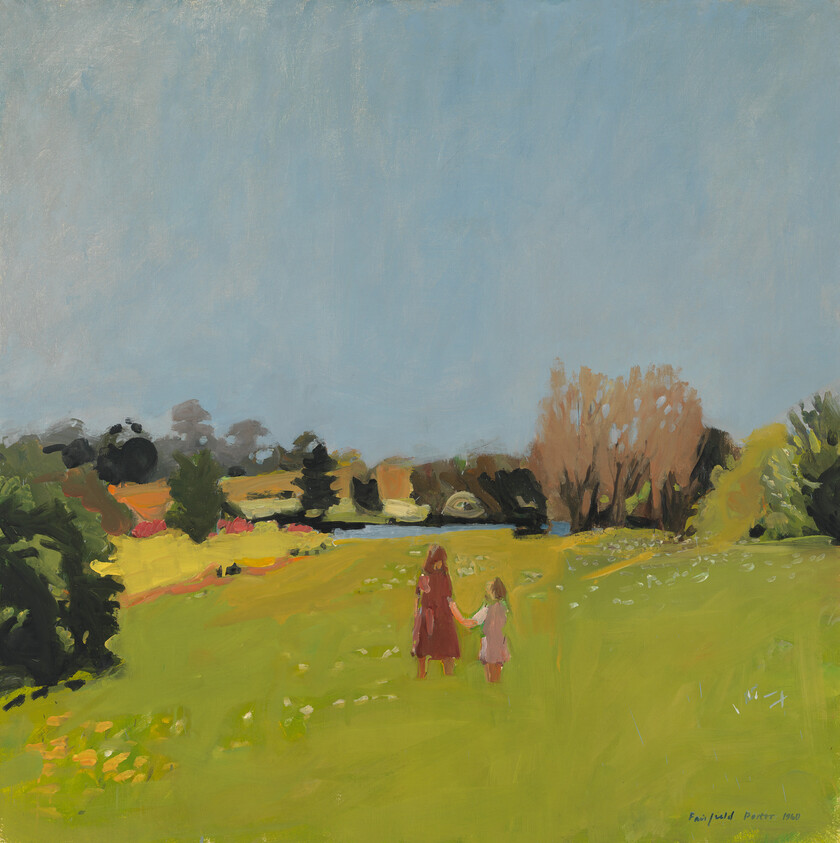 A woman and child walk hand in hand across a green meadow toward distant trees.