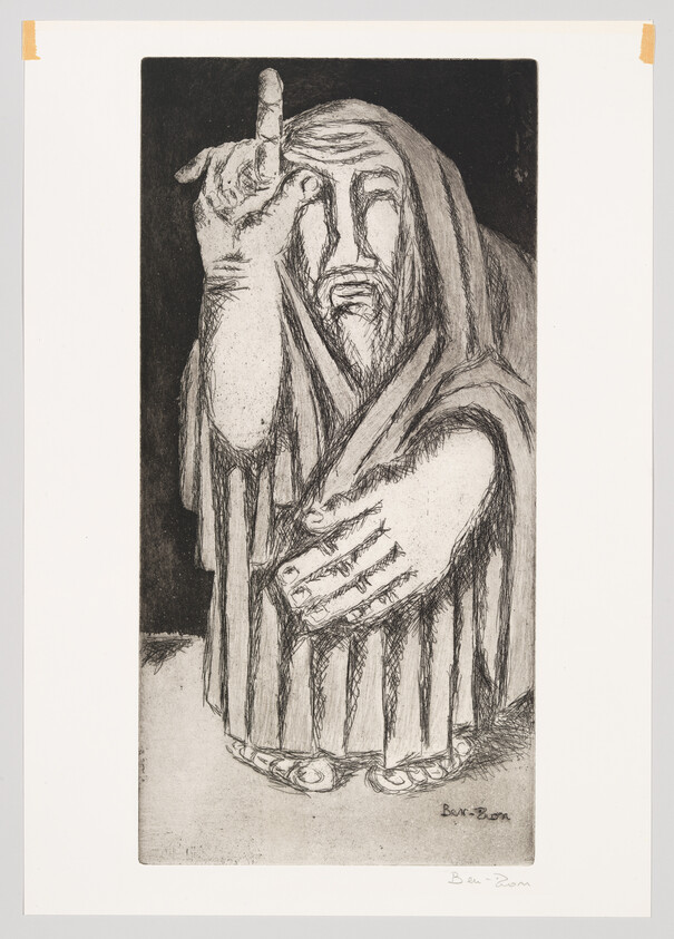 A cloaked bearded figure raises one hand pointing upward while the other rests on its chest.