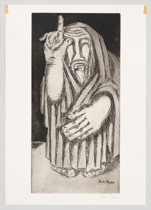 A cloaked bearded figure raises one hand pointing upward while the other rests on its chest.