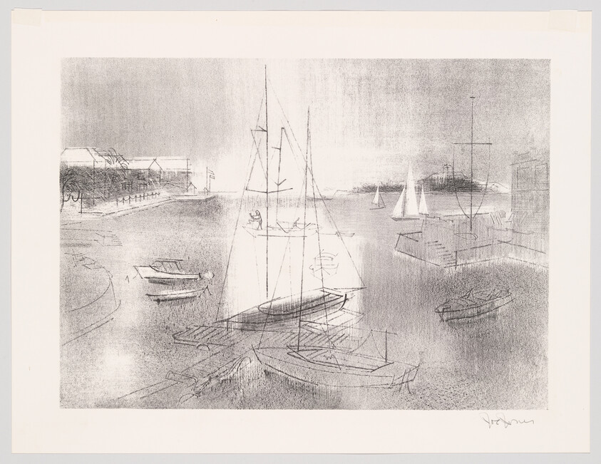Pencil sketch of a serene harbor scene with various boats, including sailboats and rowboats, some moored and others on the water. Buildings are faintly outlined in the background, and the artwork is signed by the artist in the lower right corner.