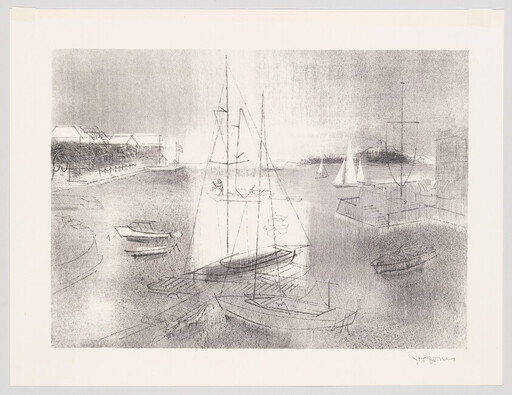 Several sailboats and small rowboats float quietly in a calm harbor near docks and buildings.