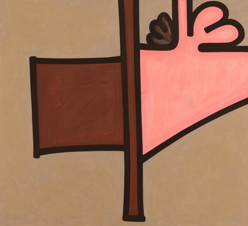 A stylized painting featuring abstract shapes and forms with a dominant pink section resembling a profile of a heart and a brown rectangle intersected by a dark vertical line, set against a beige background. The bottom left corner contains a signature and the year 2003.
