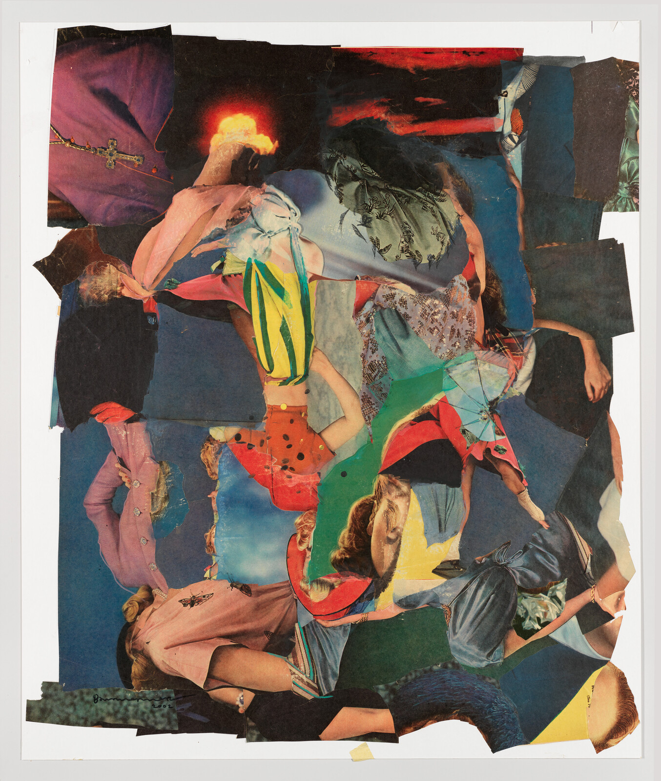 Layered collage of fragmented magazine figures and colorful clothing arranged in chaotic overlapping shapes.