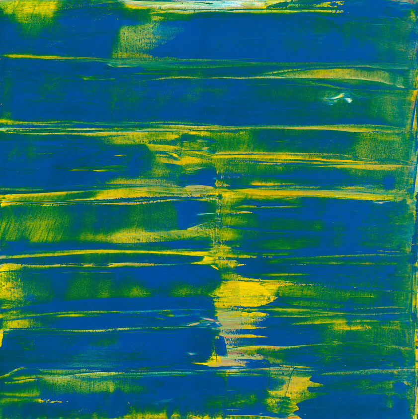 Abstract painting with horizontal blue and yellow streaks creating layered bands and textured brush marks.