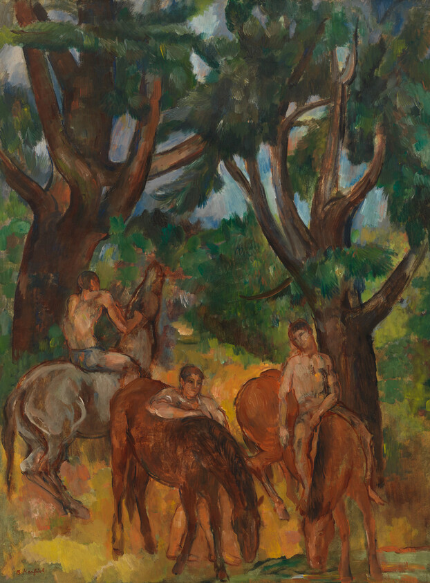 Three shirtless riders rest on and alongside horses beneath large trees in a sunlit clearing.