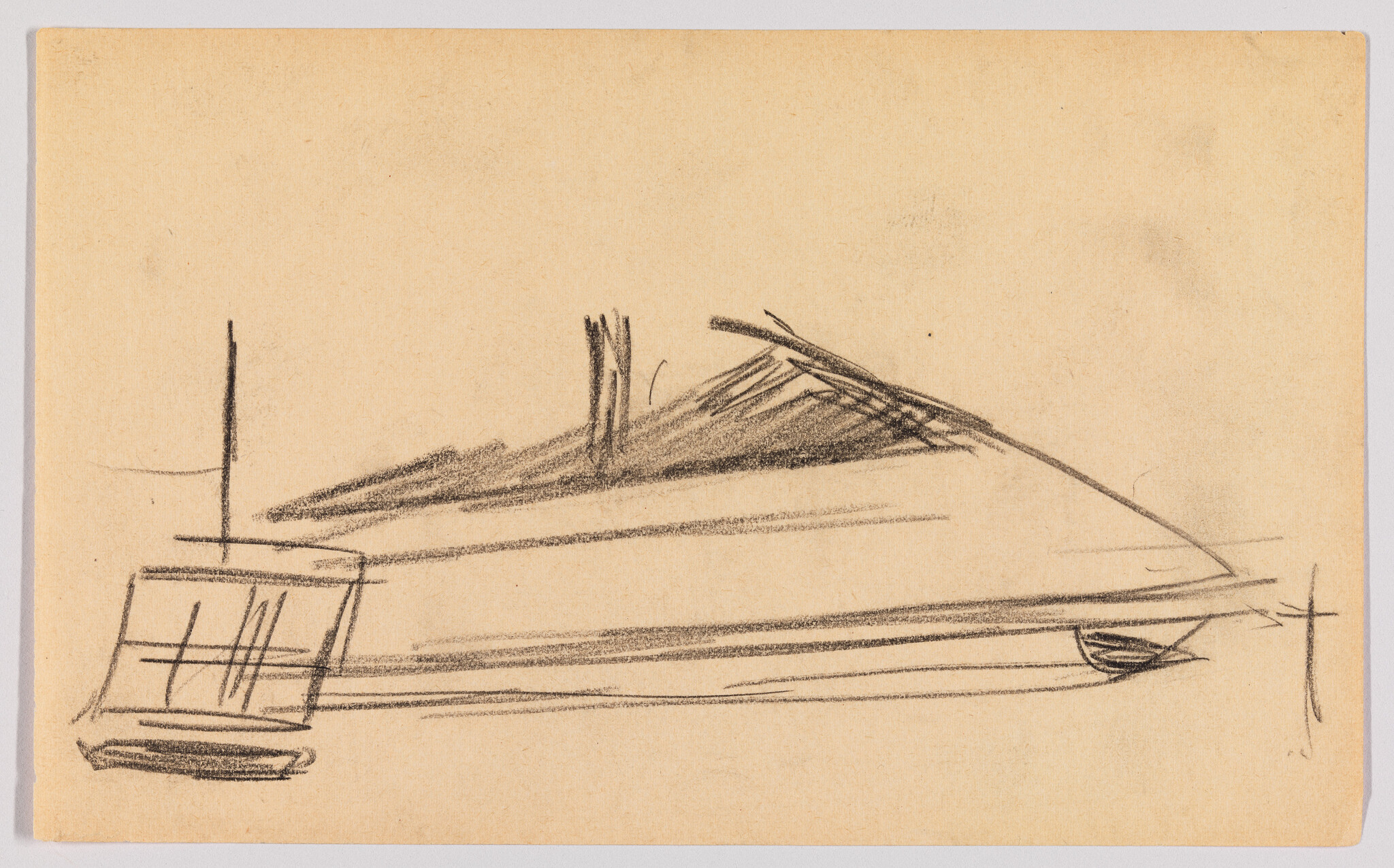 A rough pencil sketch on tan paper depicting a futuristic train-like vehicle in motion, with speed lines indicating rapid movement. The vehicle has a sleek, streamlined design with a pointed front and what appears to be windows or panels on the side.