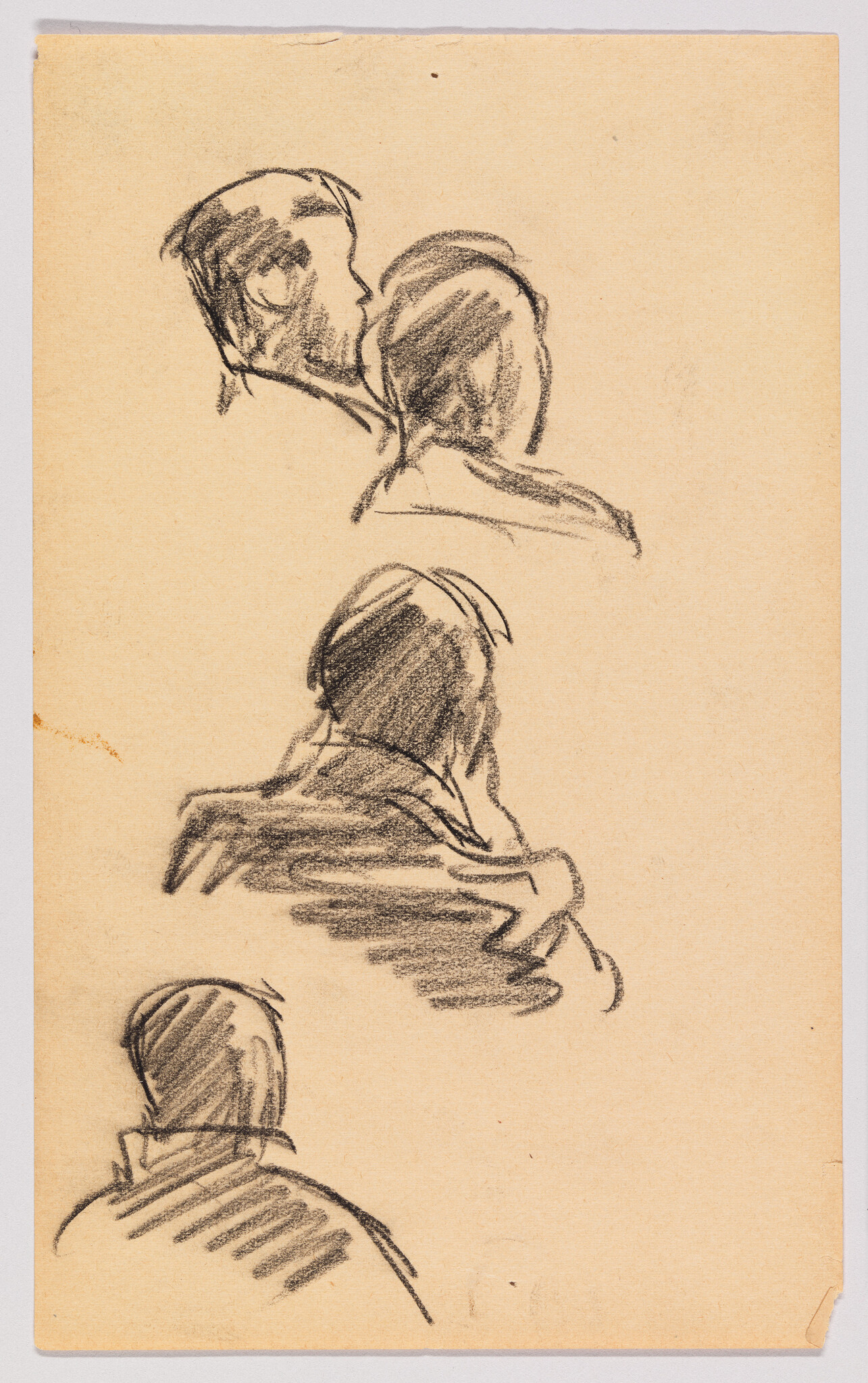 Sketches of three different head poses on a tan paper. The top sketch shows a profile view of a person with their head turned to the left, the middle sketch depicts a person from behind with their head slightly tilted, and the bottom sketch is a rear view of a person's head and shoulders. The drawings are done with loose, expressive lines in a dark medium, possibly charcoal or pencil.