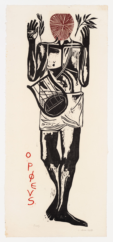 Abstract black and white print of a figure with raised hands, geometric patterns, and red accents, with text "OPVS" below.