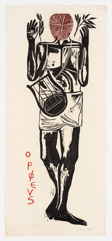 Tall stylized figure holding a stringed instrument and leafy branches with red vertical text reading "ORPHEUS".