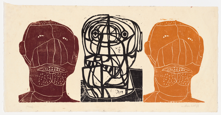 A print featuring three stylized faces side by side with the central face overlaid with a complex, abstract line pattern. The faces on the left and right are solid-colored, one in dark red and the other in orange, while the central face combines elements of both colors. The artwork has a rough, textured appearance and is set against an off-white background.