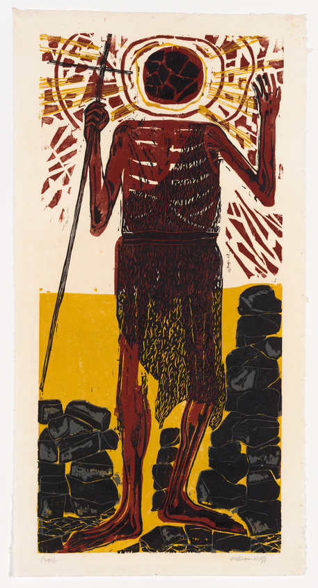 A stylized print depicting a figure with a halo-like head, holding a staff, against a background of bold yellow and patterned red and black. The figure appears to be standing on a yellow ground with black stones to the right. The artwork has a textured, layered look, indicative of printmaking techniques.