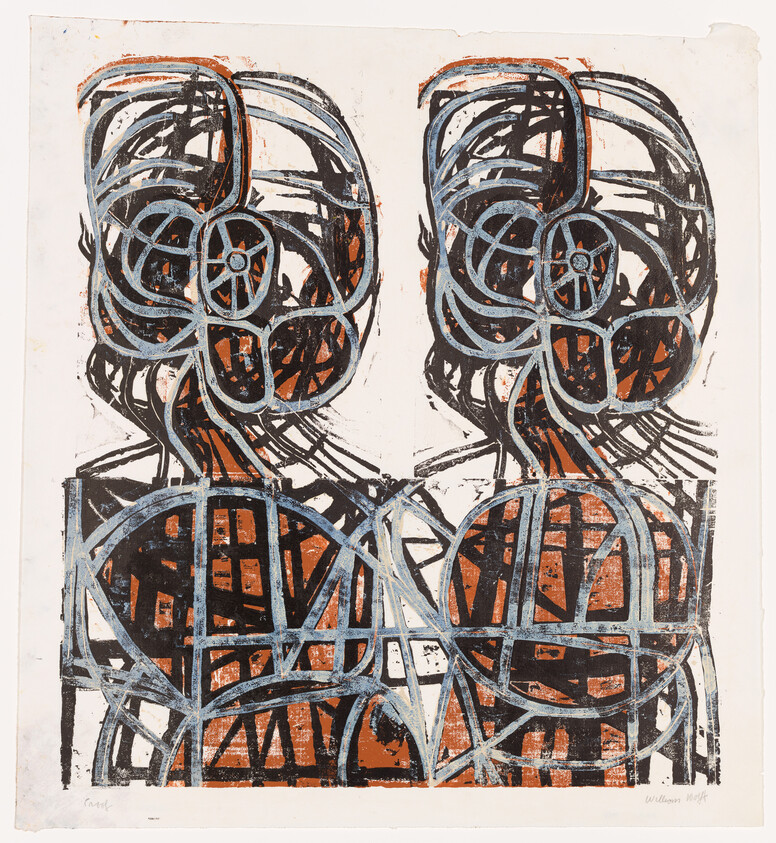 Two abstract, mirrored human heads made of looping blue and rust lines.