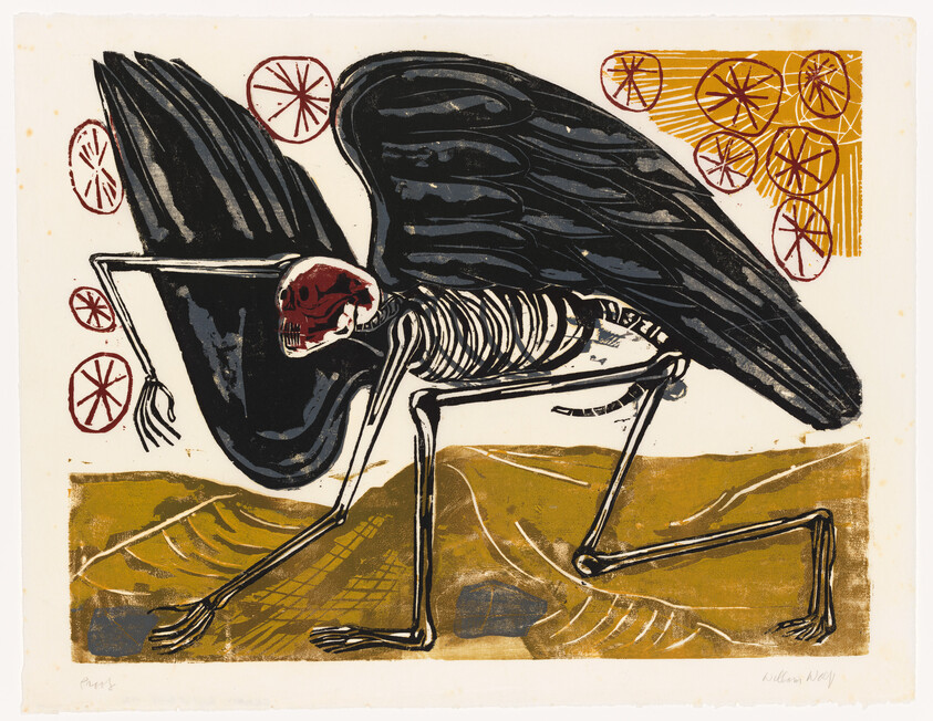 A skeletal figure with large black wings and a red skull crawls across a golden landscape.