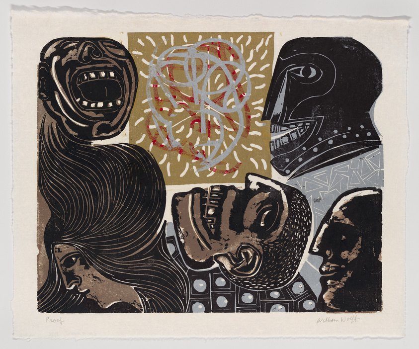 A colorful abstract print featuring a collage of various stylized faces and patterns. The faces are depicted in different styles and colors, with one showing a profile in dark tones, another with a frontal view in lighter tones, and a third with exaggerated features. The background includes geometric shapes and scribbled lines, creating a dynamic and expressive composition. The artwork has a rough, textured appearance, indicative of a printmaking process. There are signatures at the bottom left and right corners.