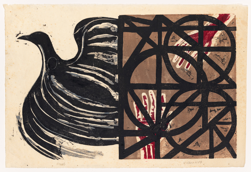 A print featuring an abstract design with a black bird-like shape on the left and a geometric pattern with red accents on the right, on a beige paper background. The artwork has a textured appearance with visible brush strokes and ink splatters, and there are signatures or inscriptions at the bottom.