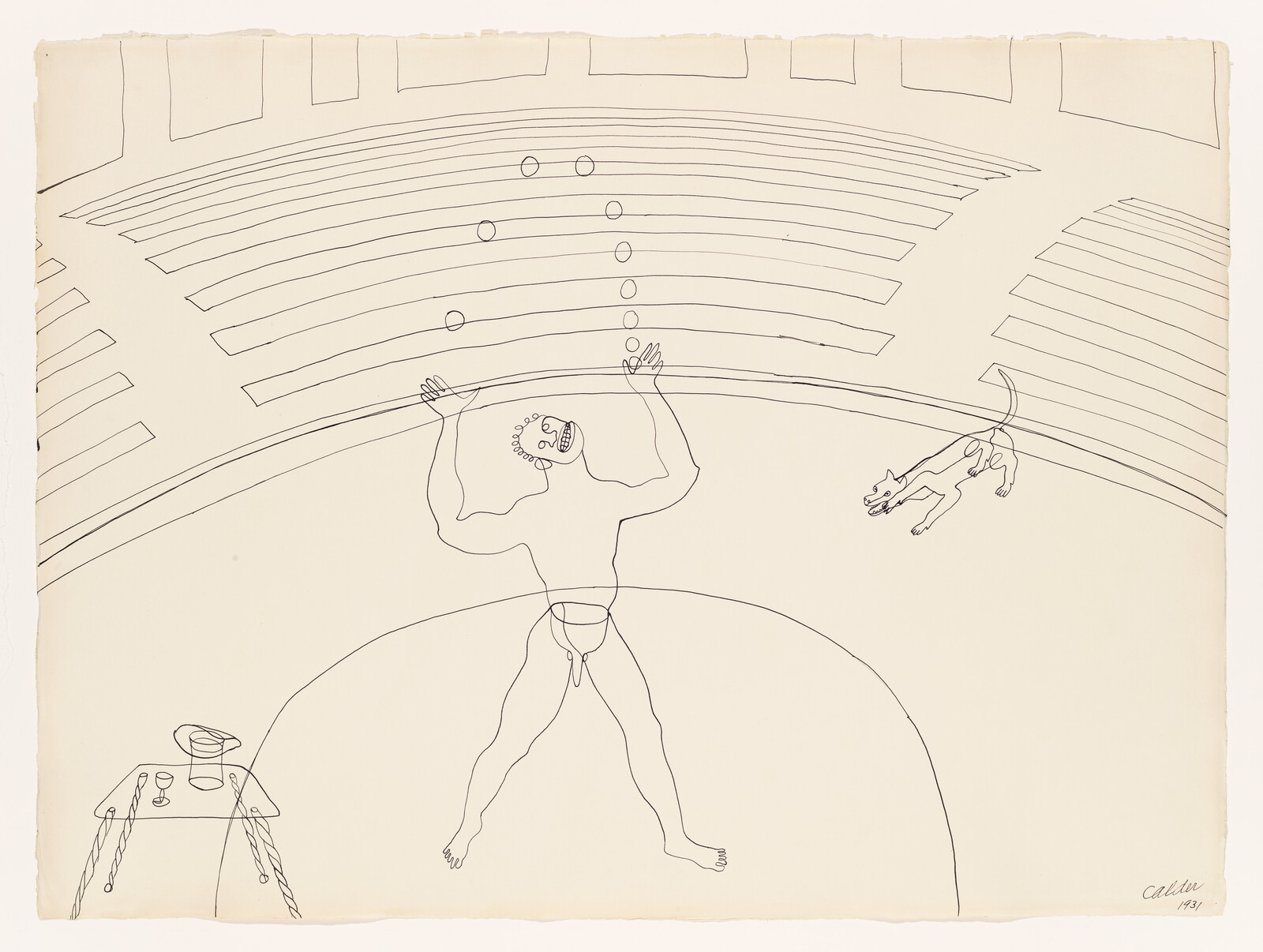 A person juggling balls in a circus ring, with a dog running nearby and a table with a hat and glass.