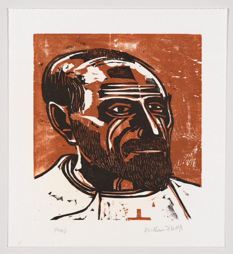 A print of a stylized male portrait with a serious expression, featuring bold lines and contrasting orange and brown tones. The subject has a receding hairline, a prominent nose, and a beard. There is a cross on the subject's garment, suggesting a religious figure. The artist's signature is visible in the lower right corner.