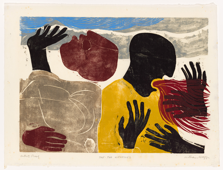 A colorful abstract print titled "The Two Witnesses" by an artist named Willem de Kooning. The artwork features bold shapes and figures, including two central silhouettes in black, with one figure's head overlaid by a red shape. There are multiple hands depicted in various colors and positions, and the background consists of blue and grey horizontal lines suggesting a landscape or sky. The bottom left corner contains the text "artist proof," indicating this may be a unique print from the artist's own collection.