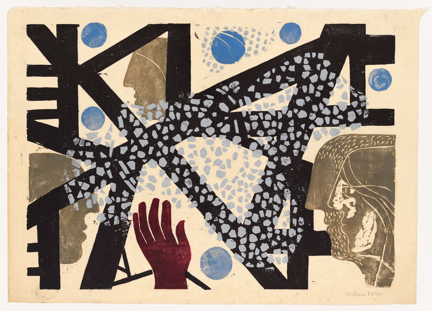 This is an abstract print featuring a collage of various shapes and textures. Dominant black patterns resembling shattered glass or mosaic pieces are spread across the image, intersected by bold geometric shapes and lines. Two silhouetted profiles of human faces appear on the left and right sides, one in gold and the other in a dark tone. A red handprint is prominently placed in the lower center, and scattered throughout are circular forms in shades of blue. The artwork has a textured, layered look and is signed "William Bloye" in the bottom right corner.